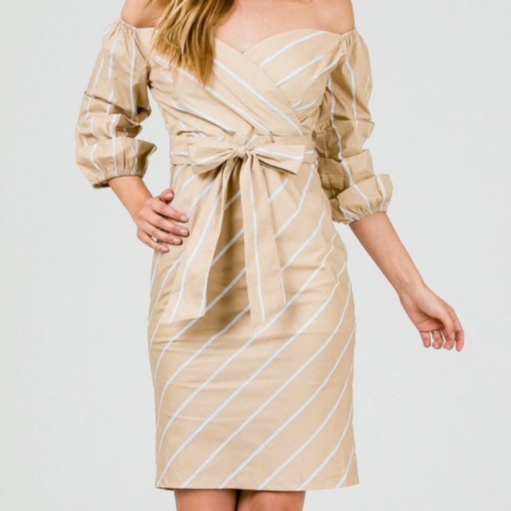 White and taupe off shoulder dress